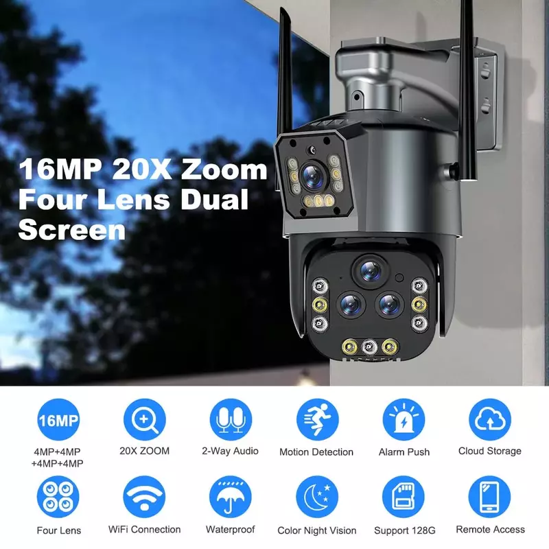 Câmera de segurança sem fio ao ar livre, 4 Lens CCTV Cam, Smart Home, 8K, 16MP, WiFi, IP, 20X Zoom, PTZ, 4K, Câmeras de Vigilância por Vídeo