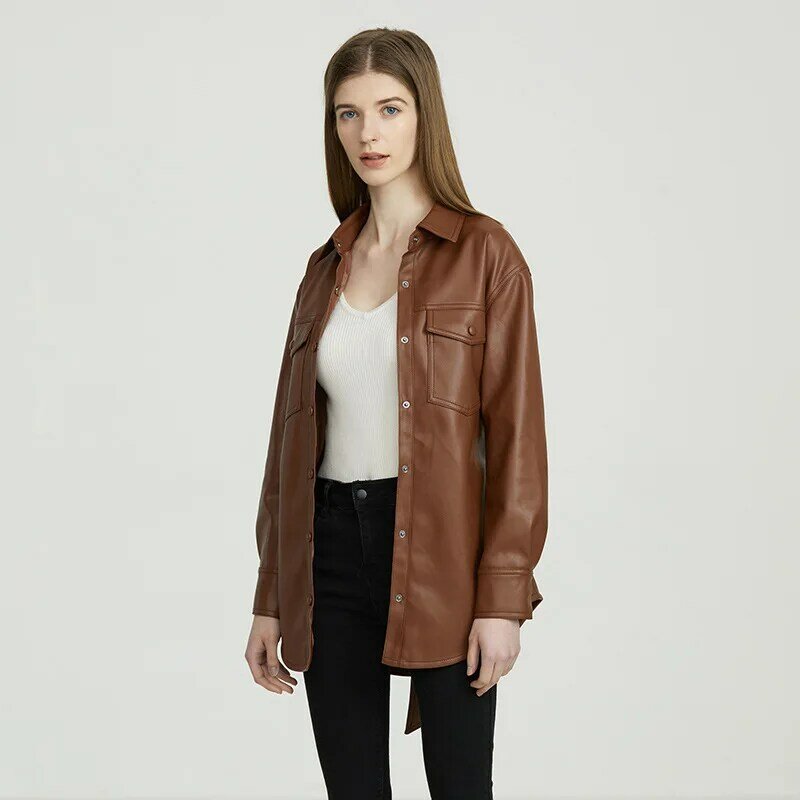 Leather Women Suit Ladies Formal Blazer With Belt Black Brown Female Single Button Business Work Wear Office Lady Jacket Coat