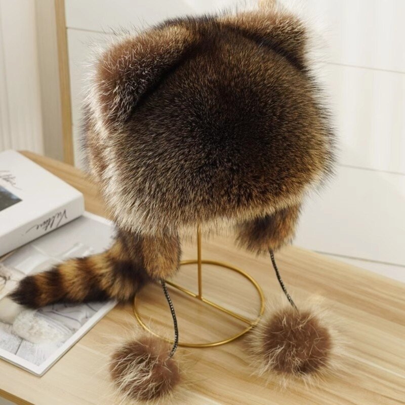 Thicken Plush Hat for Parent-Kids Windproof Plush Hat with Cute Raccoon Ear&Tail Adult Teens Winter Warm Mongolian Hat