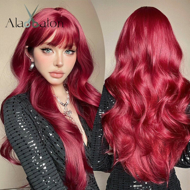 Парик ALAN EATON из красных волос с челкой, длинные волнистые парики для женщин, термостойкий синтетический парик, красный женский парик для косплея