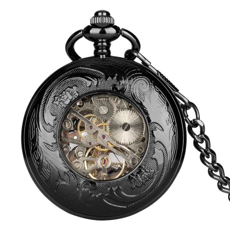 Антикварная Шестерня механические часы полые синий Sekeleton модные черные наручные часы FOB часы римские цифры часы с крюком 38 см цепь