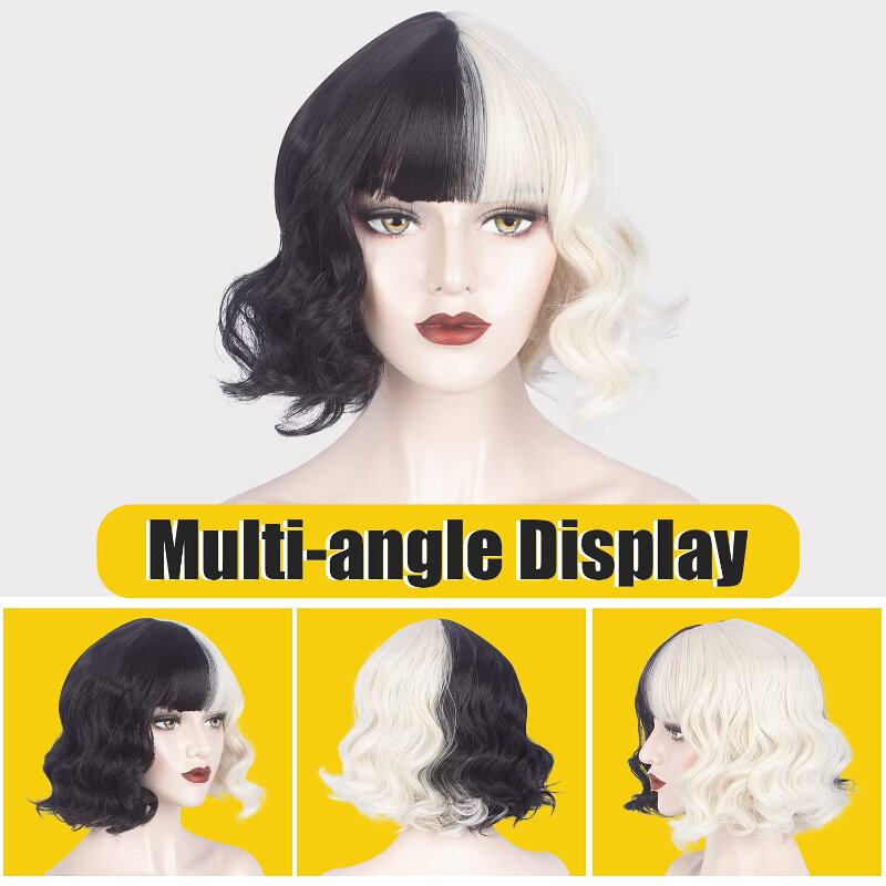 Fashion Cosplay Costumes Black and White Wig Cute Synthetic Short Curly Hair Wigs for Women Party Halloween Christmas
