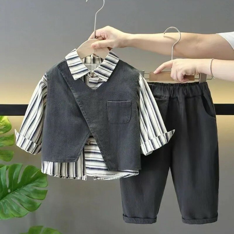 Children's Clothing Set Spring and Autumn New Korean Boys' Baby Shirt+Pants +Vest 3Piece Set Kids Casual Set