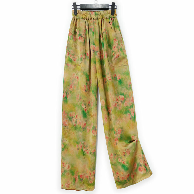 Birdtree-pantalones de pierna ancha de seda Natural para mujer, pantalón de cintura alta, Floral, Retro OL, suelto, primavera y verano, 35MM, B45245QM