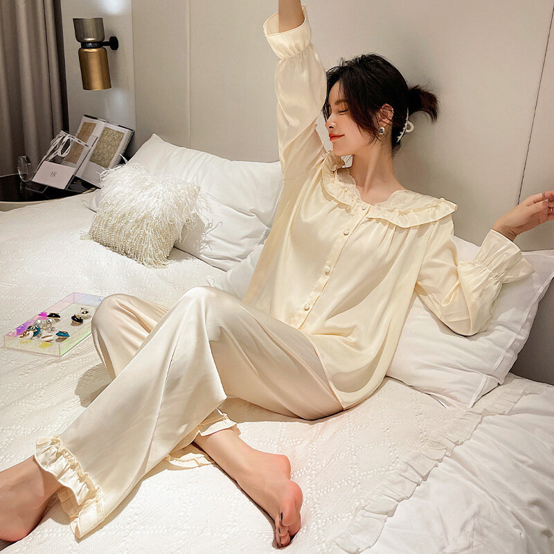 Novos pijamas femininos de seda gelo calças de mangas compridas estilo palácio loungewear duas peças conjunto verão