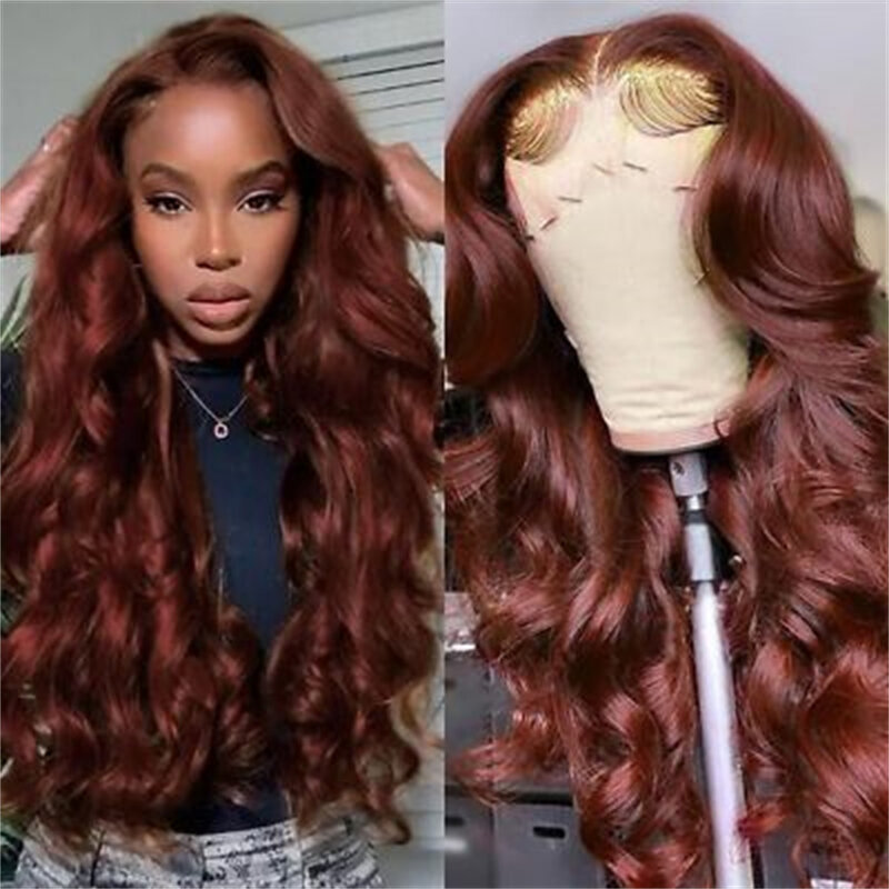 Perruque Lace Front Wig naturelle Body Wave, cheveux humains, brun roux, 13x6, 13x4, 34 pouces, pre-plucked, colorée HD