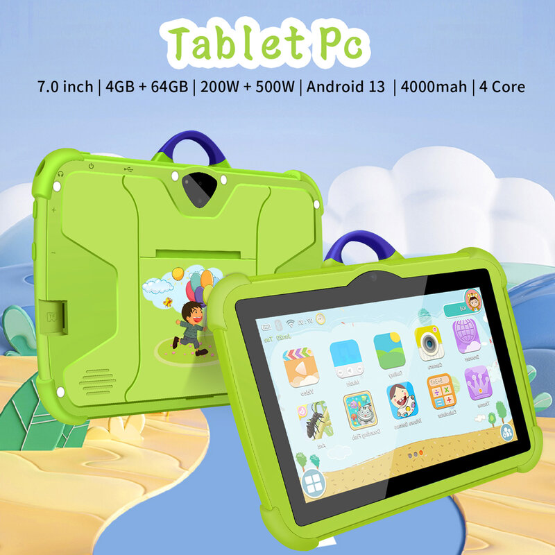 2024 BDF 7 inci Tablet anak-anak Android 13.0 Tablet untuk anak-anak belajar pendidikan Bluetooth WiFi dengan lucu casing pelindung hadiah anak