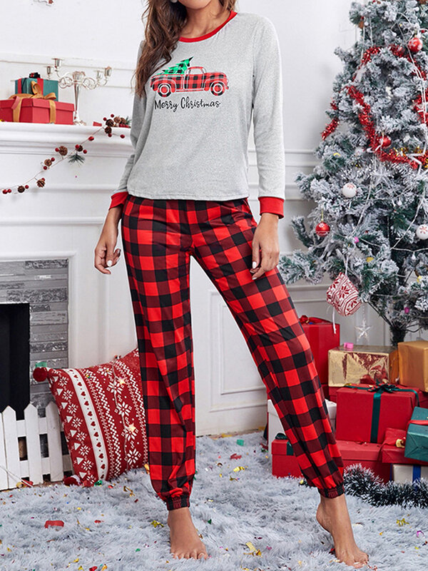 女性のクリスマスパジャマセット,チェック柄,長袖トップス,パンツ,ホームウェア,パジャマ