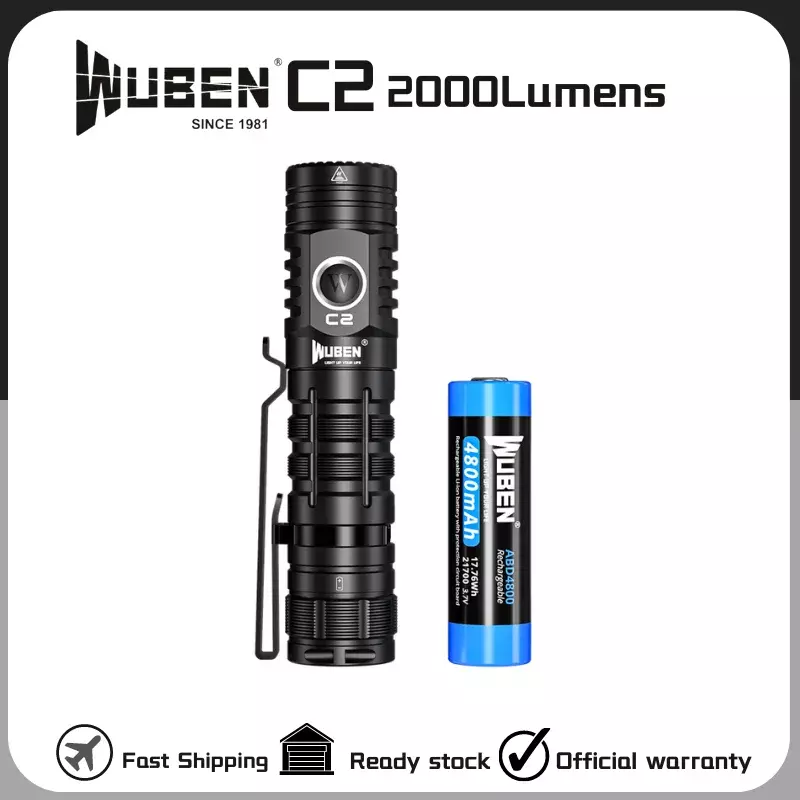 WUBEN-C2 Lanterna Power Bank, Lanterna Recarregável Tipo-C, Lanterna com Bateria, 2000Lumens, 21700, 4800mAh, Original