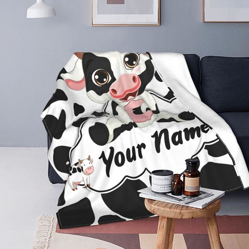 Selimut dicetak sapi personalisasi dengan nama, disesuaikan sofa cetak sapi hitam dan putih lucu, selimut hadiah Natal dan ulang tahun