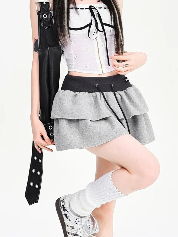 Mini saia com shorts com cordões para mulheres, cintura alta elástica, saias de bolo de linha A, babados, patchwork de cor, moda coreana