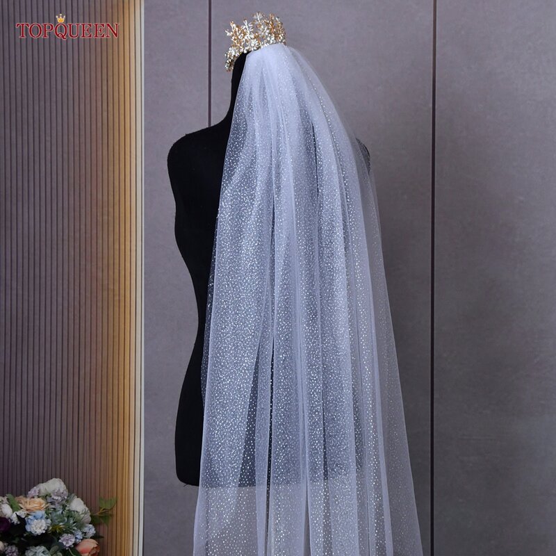 TOPQUEEN V101 Champagne Glitter Wedding Veils Gloden Sparking Bridal Veil 1 Tier Cathedral Length Bling Bling Bride Accessories