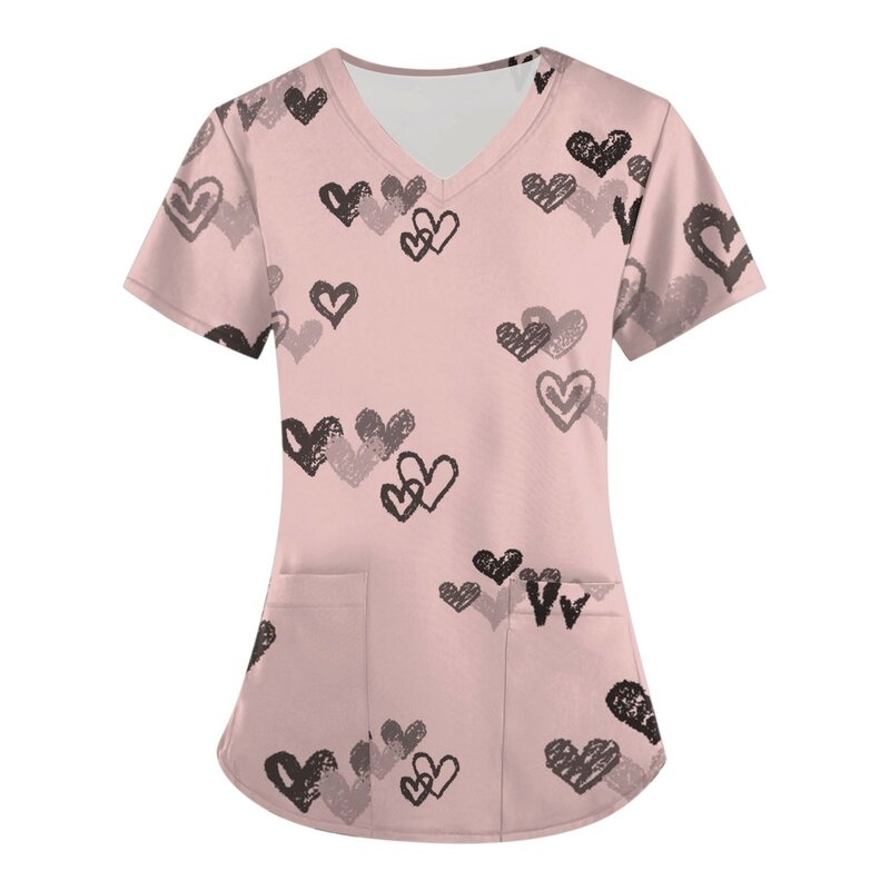 Camiseta feminina com estampa 3D impressa, uniforme de enfermeira, uniforme de trabalho, blusa com decote v, bolso, roupas românticas, elementos