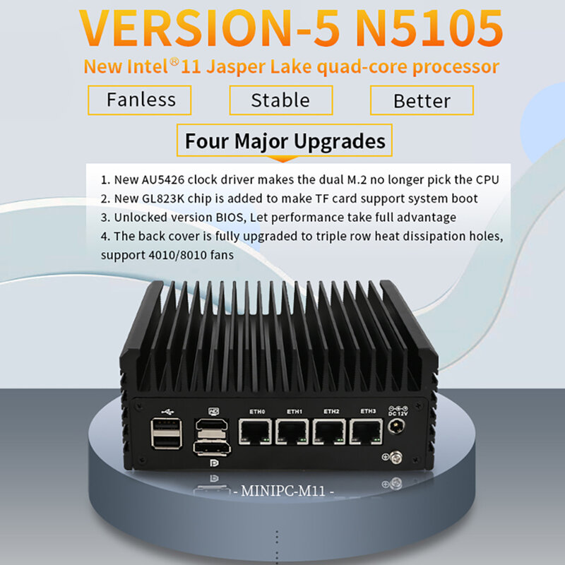 Mini PC Firewall 5105 NUC I226-V 4 Lan 4 USB Fanless Desktops Triple Displays Thin Client PC Linux Pfsense