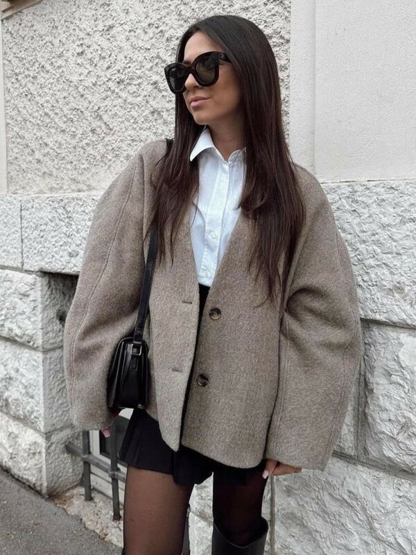 Elegante gerade geschnittene Woll jacke Damenmode V-Ausschnitt Einreiher Kurz mantel 2023 Herbst schicke Dame Büro Straße Oberbekleidung