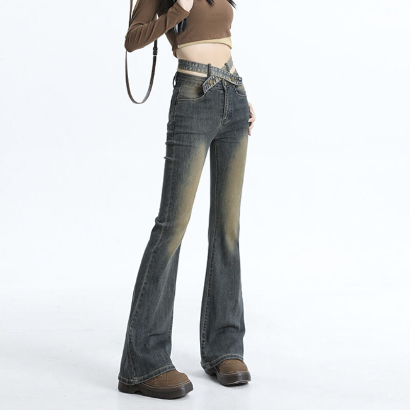 Пикантные шикарные женские джинсы Y2K в стиле ретро, новинка 2023, осень/зима, нишевые Дизайнерские Модные расклешенные американские джинсовые брюки