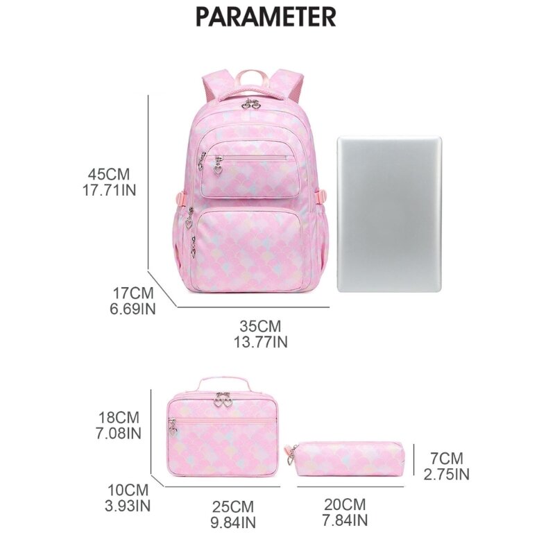 3 шт. нейлоновый школьный рюкзак, легкий комплект с принтами для девочек-подростков, сумки для книг, изолированная сумка для для