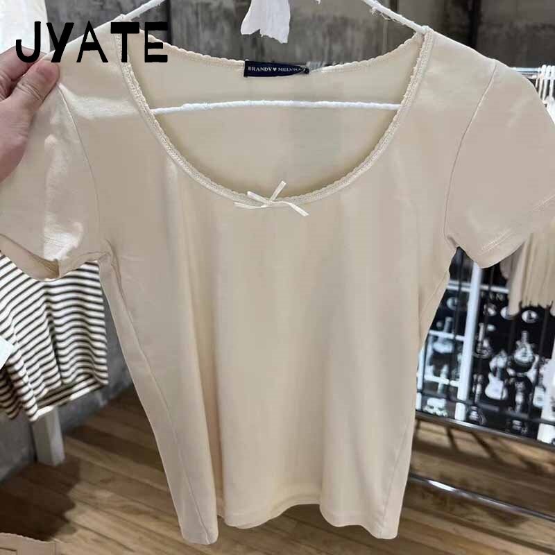 Simple Solid Lace Trim Bow Short Sleeve Tees Women Summer New O-neck Casual Preppy Style Tops Cute Sweet Basic Chic T-shirts Y2K