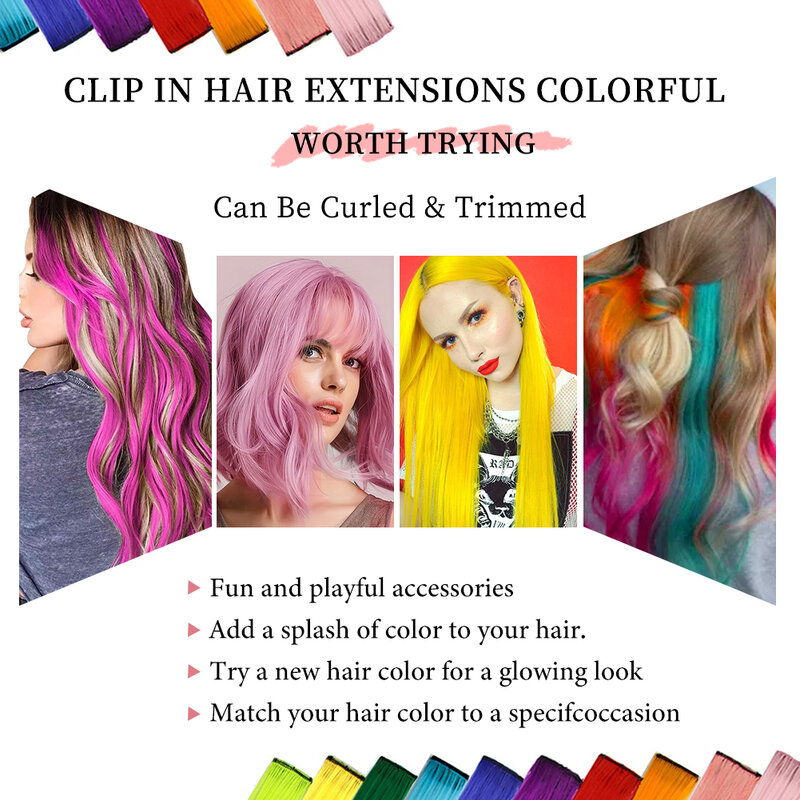 Arco-íris sintético clipe em extensões de cabelo, perucas longas retas, cosplay halloween, moda vestido, colorido, 24"
