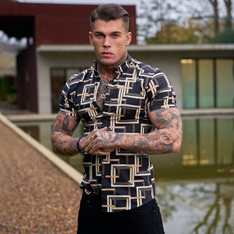 Modna koszula męska Business casual dopasowany koszula z krótkim rękawem cienka szybkoschnąca koszulka odzież uliczna odzież męska