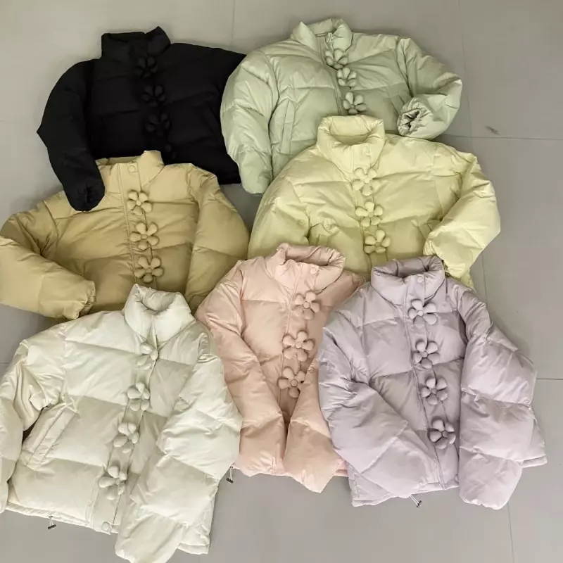 2024 New Candy Color Women Short Down Coat Winter Fashion Stand Collar Solid Color Flower Button Puffer Jacket Warm Sweet Parka