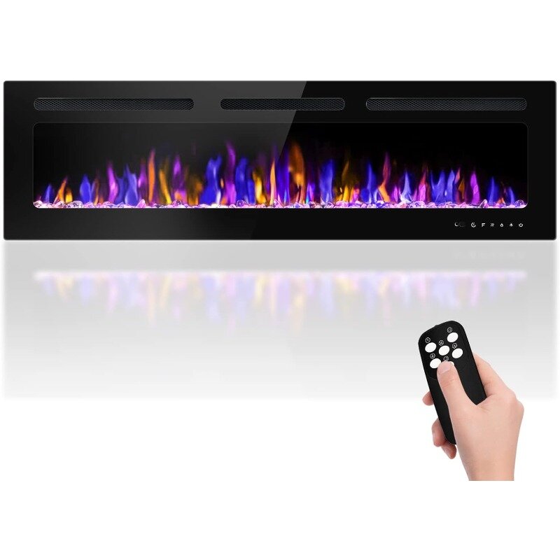 60" Electric Fireplace Wall Mounted and Recessed with Remote Control, 750/1500W Ultra-Thin Wall Fireplace Heater W/Timer