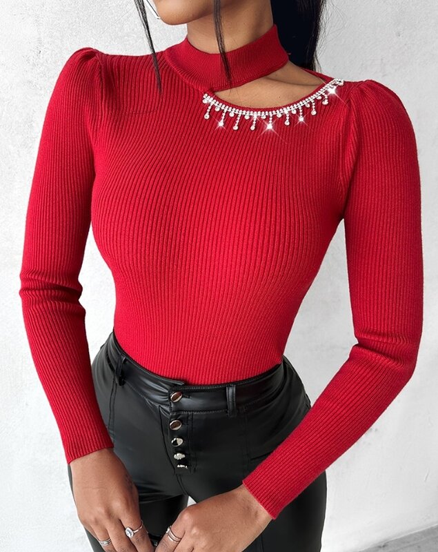 Women Winter Sweater Tops Rhinestone Tassel Design Asymmetrical Neck Cutout Knit Long Sleeve Slim Fit Sweater