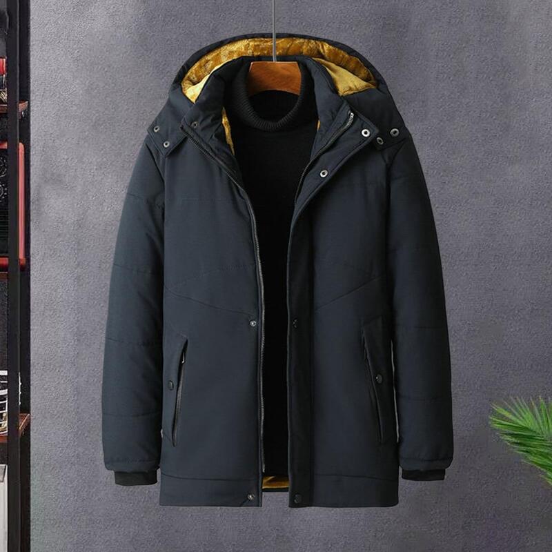 Jaqueta com capuz acolchoada de comprimento médio masculina, espessada, quente, com zíper de bolso, casual, outono e inverno, nova