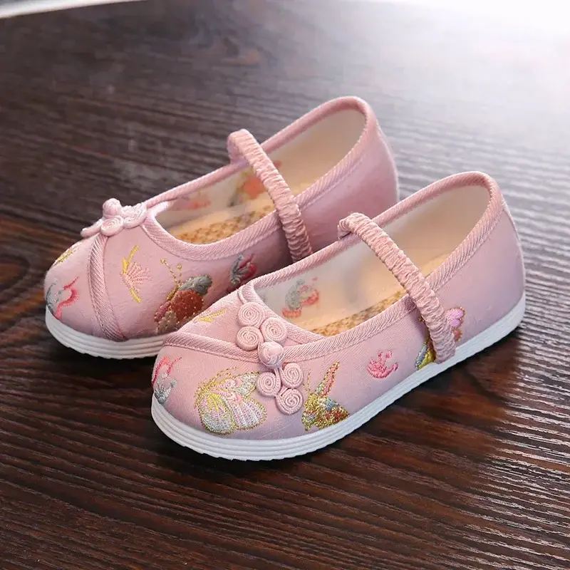 Chaussures plates brodées à papillon pour enfants, Costume ancien pour filles, chaussures en tissu Hanfu, Cheongsam, chaussures à boucle chinoise