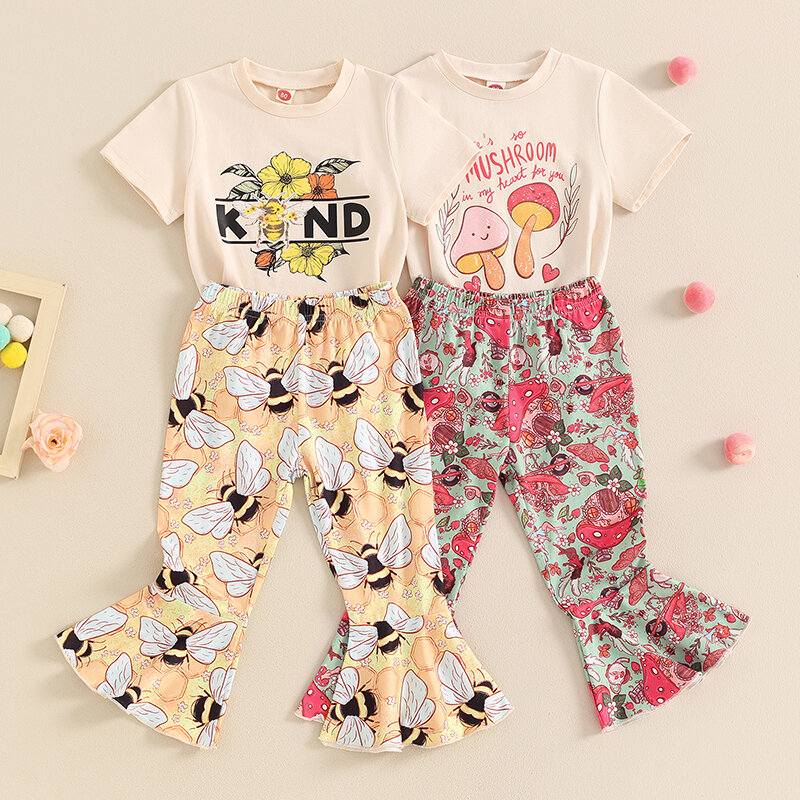 女の子の文字プリントの衣装、幼児のパンツ、半袖トップス、蜂のパターン、ベルボトムパンツセット、6m-4y、2021、24、04、15