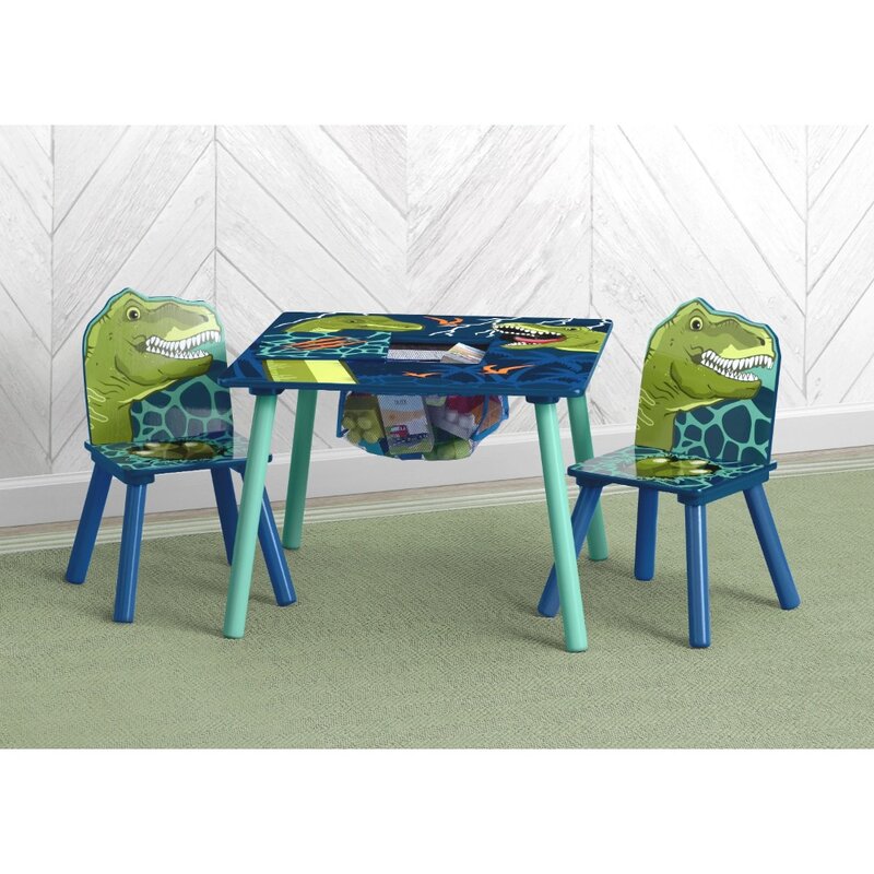 Mesa Dinossauro Infantil e Cadeira Conjunto com Armazenamento, Delta, Azul e Verde, 2 Cadeiras Incluídas