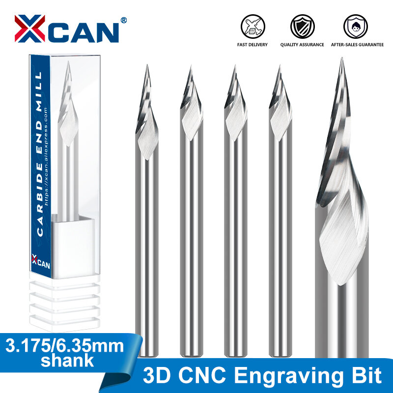 XCAN 밀링 커터 3D 조각 비트 3.175, 목공용 카바이드 엔드 밀 V 슬롯 비트, 4 6 6.35mm 생크 CNC 라우터 비트