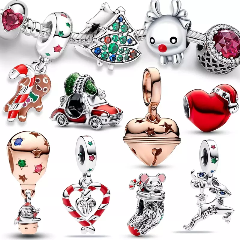 Original 925 Sterling Silver Charm Beads, carro e árvore, rena, rato, coração vermelho, se enquadra pulseira pandora, presente da jóia, 2023