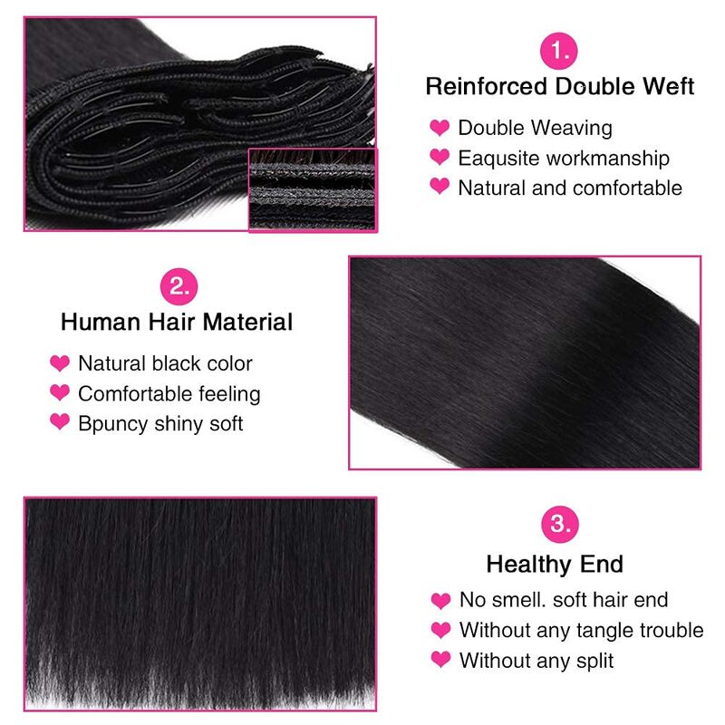 Extensiones de cabello humano con Clip recto para mujeres negras, cabello virgen brasileño, cabello negro Natural, cabeza completa, 26 pulgadas