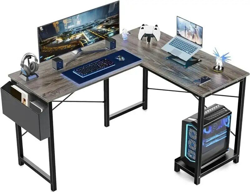 Meja Komputer berbentuk L, Meja game PC sudut kayu dengan tas penyimpanan samping untuk rumah kantor ruang kecil meja belajar furnitur