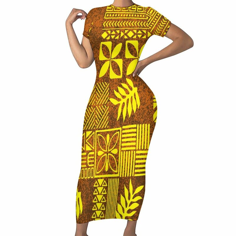 Gaun lengan pendek musim panas kualitas tinggi gaun temperamen Maxi ramping gaun wanita Polinesia gaun Pulau Hawaii