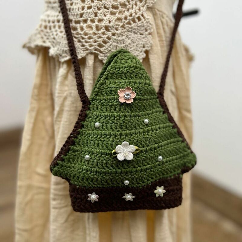 Don & Judy Tas Dekorasi Tas Messenger Katun Pohon Natal Crochet Buatan Tangan untuk Penggunaan Sehari-hari dengan Bunga Plum Mutiara Hadiah Remaja