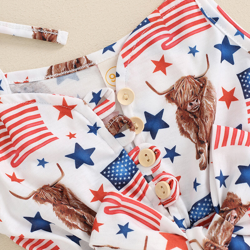 2024-03-18 Baby Girl 4th of July Romper Cute Sleeveless Tie Strap Button Jumpsuit Toddler Playsuit with Belt 1-5Years