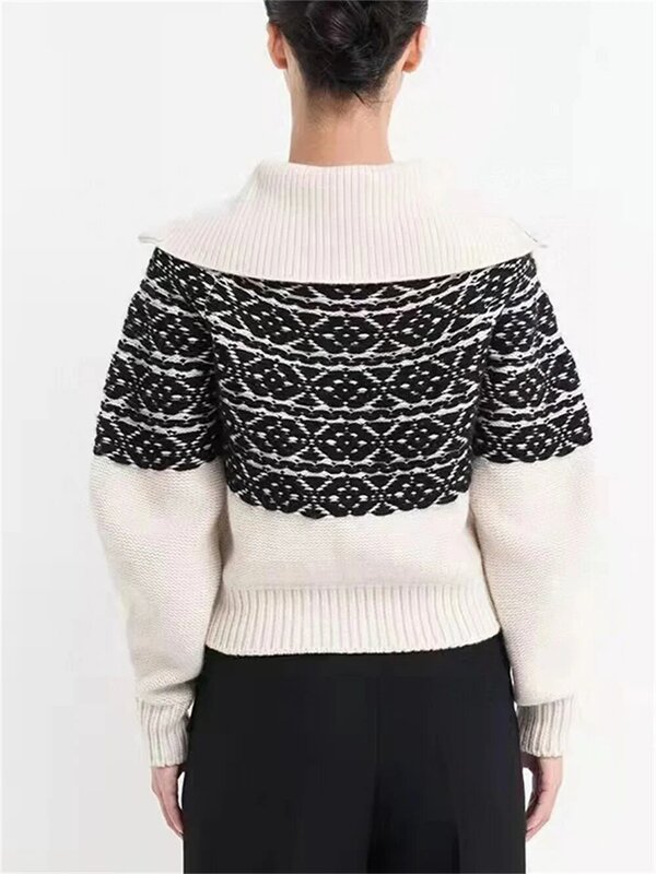 Fall Winter Women's Sweaters Half Zipper Turn-Down Collar Vintage Jacquard Jumper