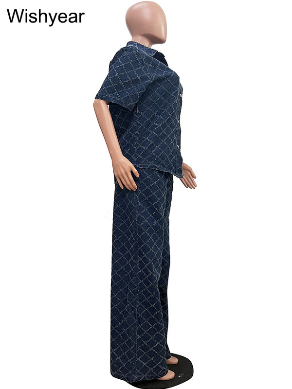 Женский винтажный комплект из двух предметов, голубая клетчатая куртка с коротким рукавом и широкие брюки, расклешенные джинсы, Клубная одежда в уличном стиле