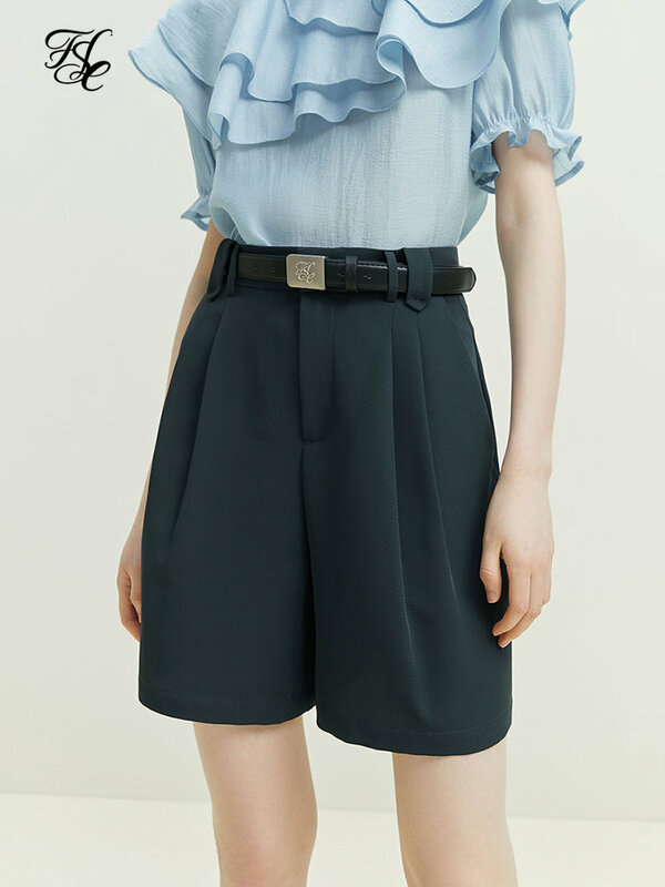 FSLE-pantalones cortos de cintura alta para mujer, Shorts de sarga con diseño plisado, holgados, para ir a la Oficina, verano, 2023