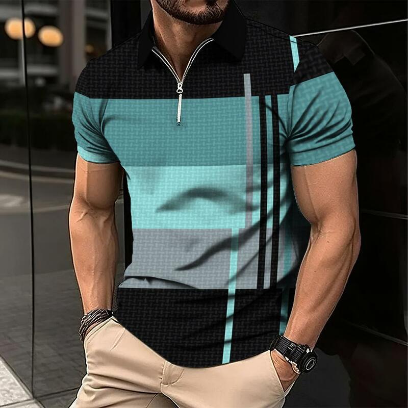 Heren Zip Polo Shirt 3d Stripe Print Mode Kleding Zomer Casual T-Shirt Heren Polo Shirt Met Korte Mouwen Street Top