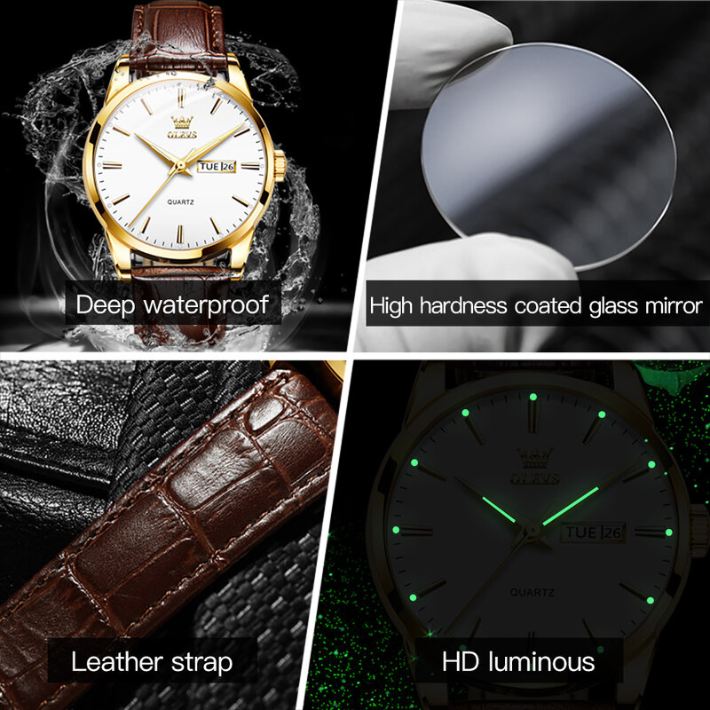 OLEVS-Relógio de quartzo luminoso impermeável para casais, marca luxo, pulseira de couro, data, moda original, relógio romântico
