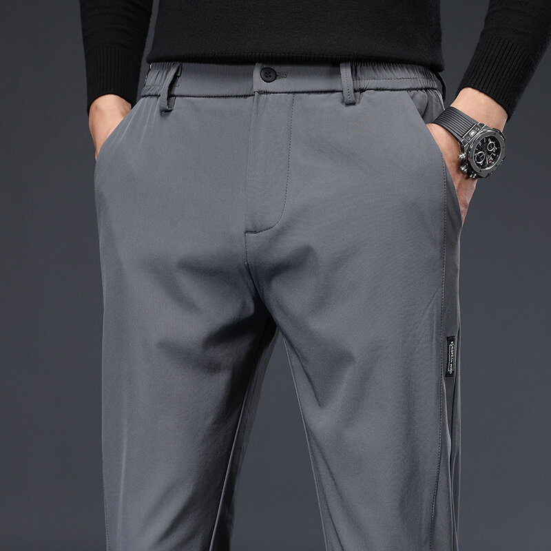 Celana panjang kasual tipis elastis untuk pria, celana panjang bisnis ramping klasik warna hitam abu-abu hijau 2024, celana modis kasual tipis elastis untuk pria