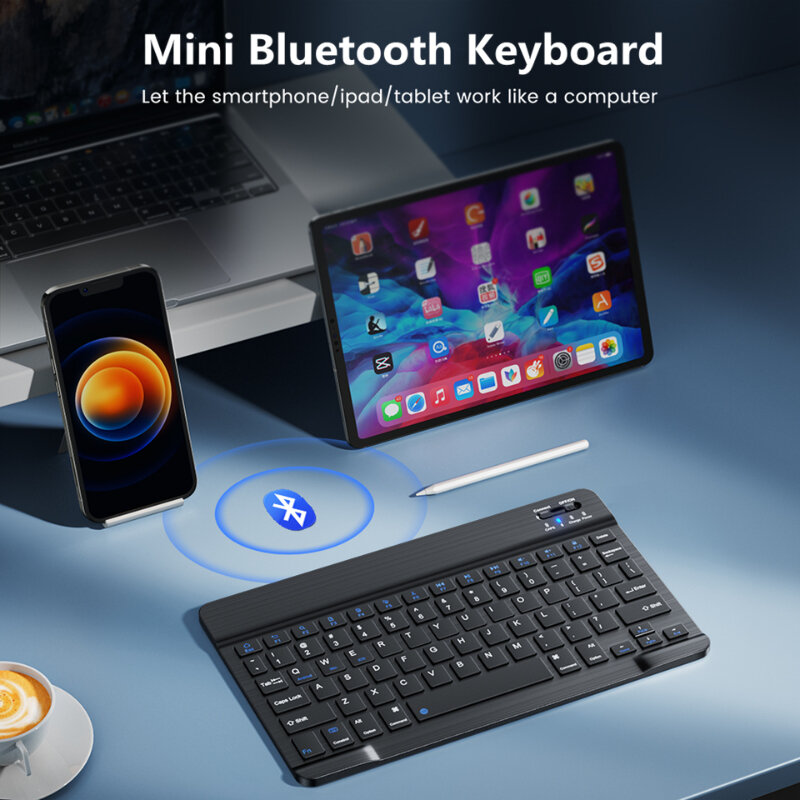 Miniteclado inalámbrico con Bluetooth, recargable para iPad, teléfono, tableta, ruso, español, Android, ios, Windows