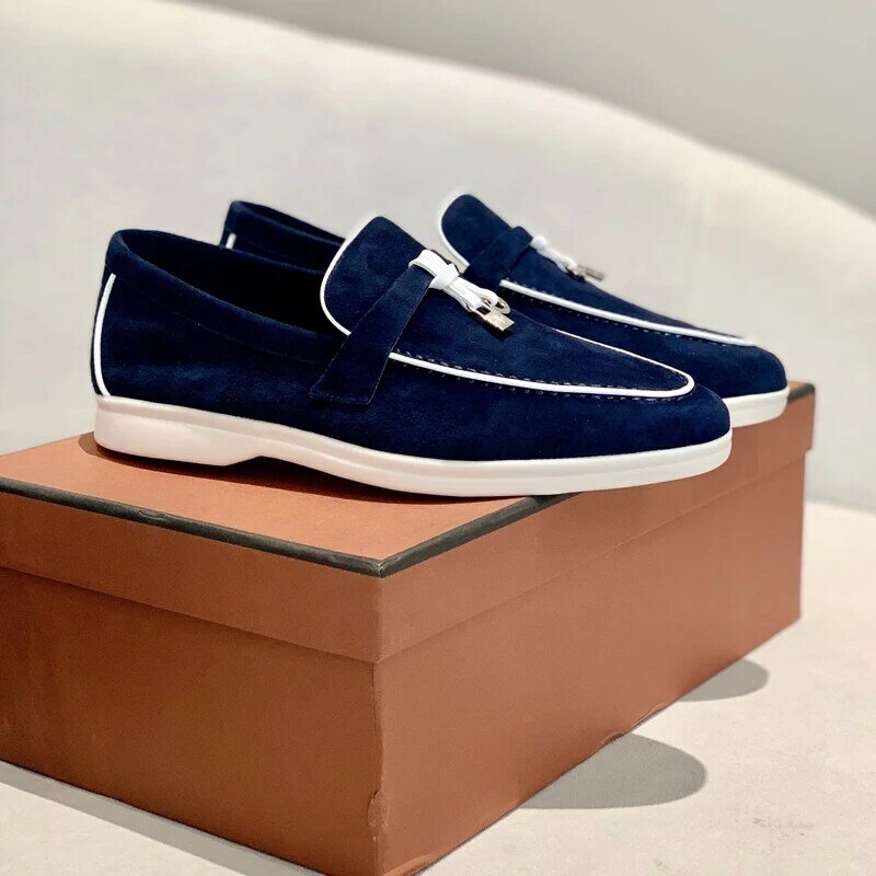 Sepatu loafer kulit Suede Premium, sepatu selop mokasin bergaya untuk pria wanita, koleksi musim panas 2023