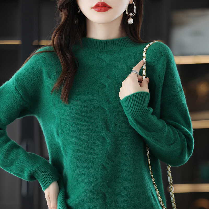 Suéter de lana pura 2022 para mujer, camisa de fondo tejida de cuello redondo, Color sólido, estilo occidental que combina con todo, otoño e invierno, novedad de 100%