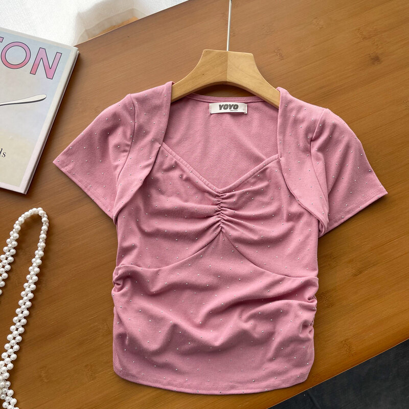 Женская шикарная футболка с квадратным вырезом, тонкая привлекательная французская модная Милая футболка с коротким рукавом, летняя женская Пляжная футболка hotsweet