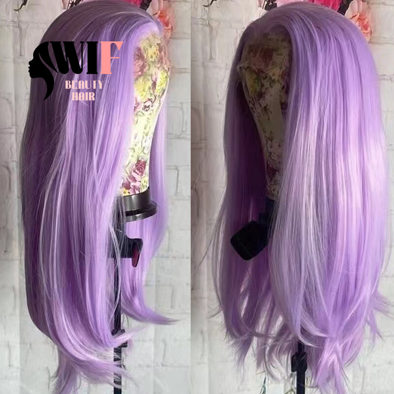 WIF Light Purple Natural Straight Lace Front Wig Long Silk Hair Heat Fiber Lavender Purple Synthetic Wigs Party Makeup Women Use
