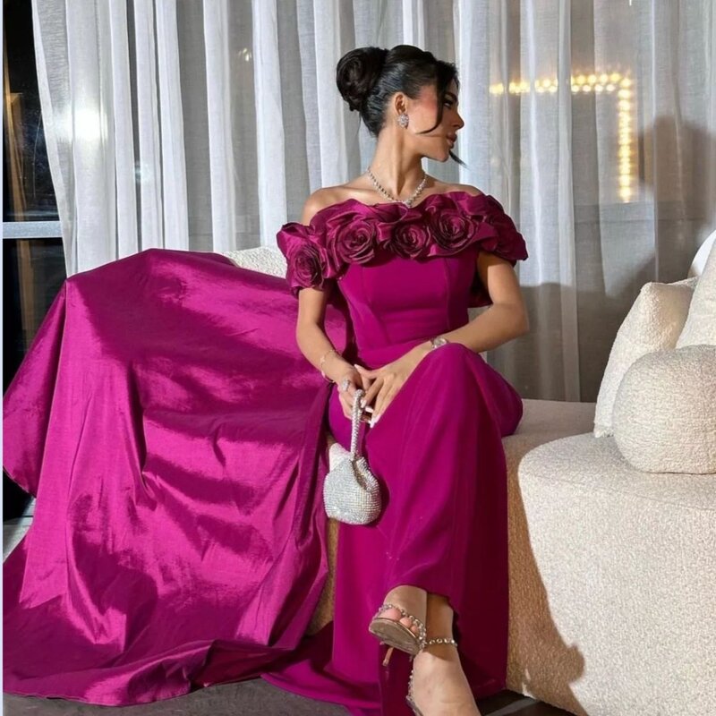 Ball Dress Evening Jersey Flower Ruched Birthday A-line Off-the-shoulder Bespoke Occasion Gown Long Dresses Saudi Arabia